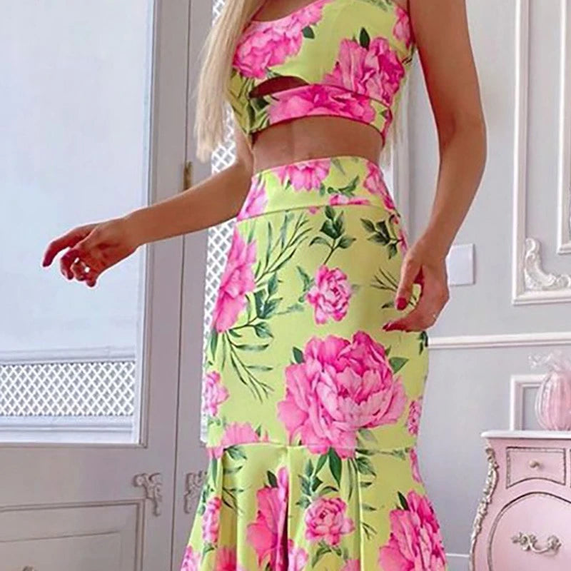 Pink Rose Print Bodycon + High Waist Retro Formal Mermaid Maxi Skirt