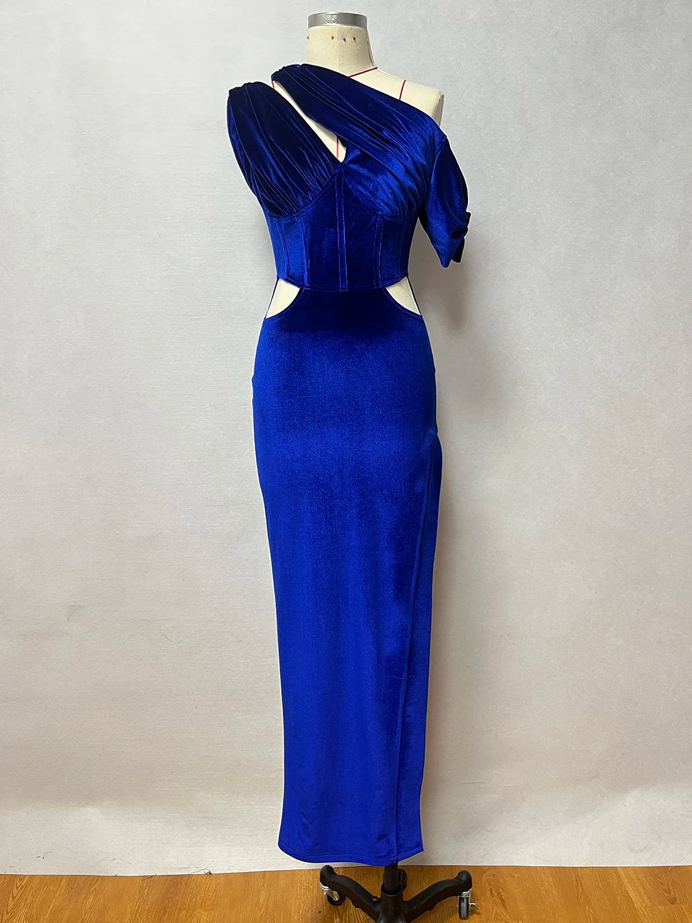 Navy Blue Velvet Diagonal Collar Corset High Slit Solid Party/Prom Formal Maxi Dress