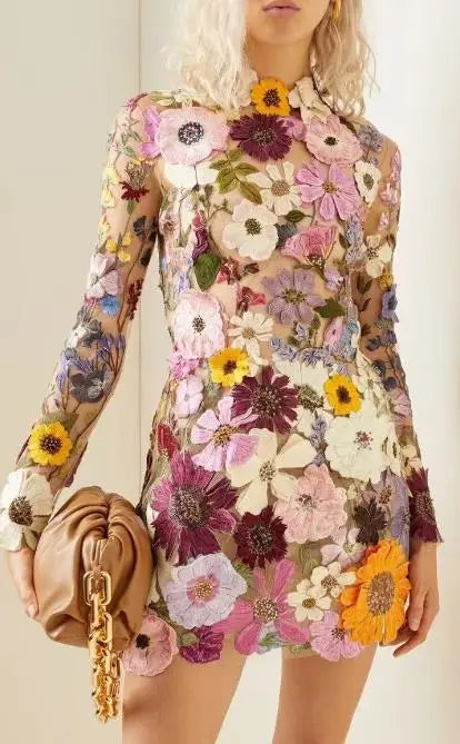 1/2 Turtleneck 3D Flower Print A-Line Long Sleeve Formal Mini Party Dress