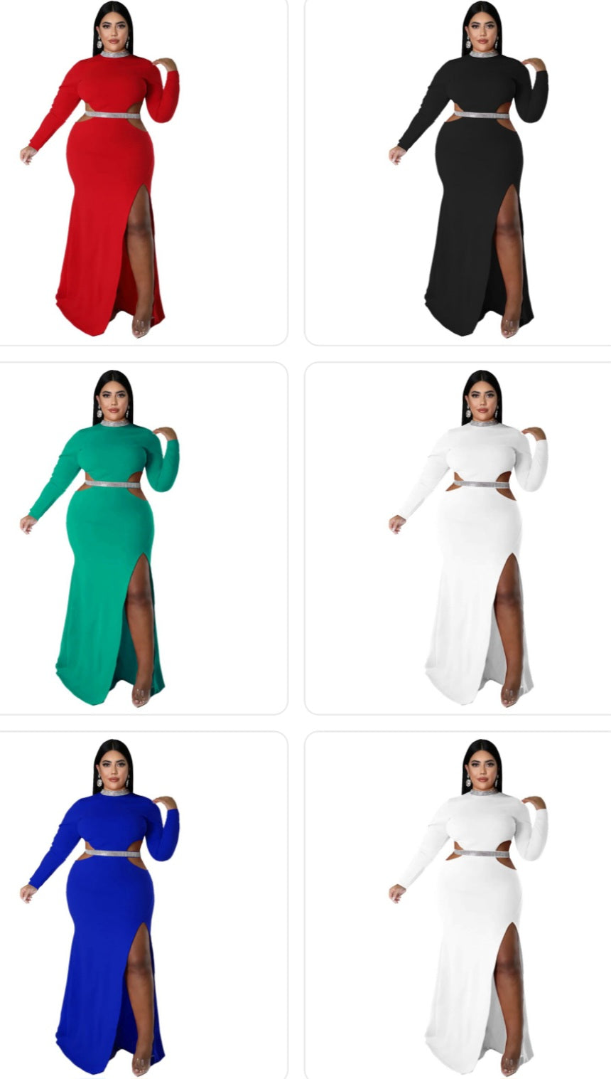 Holllow Out Long Sleeve Side Slit Plus Size Dress to 4X