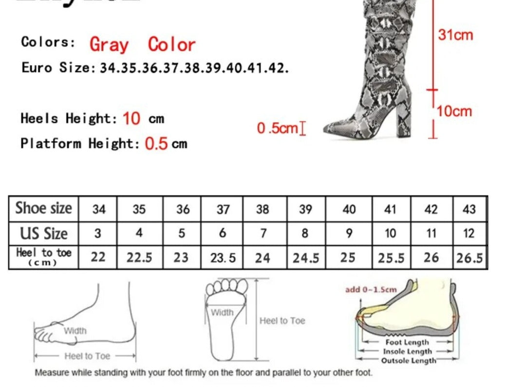 Pleated Colorful Snake Grain Knee High Pointed Toe Zipper Boots