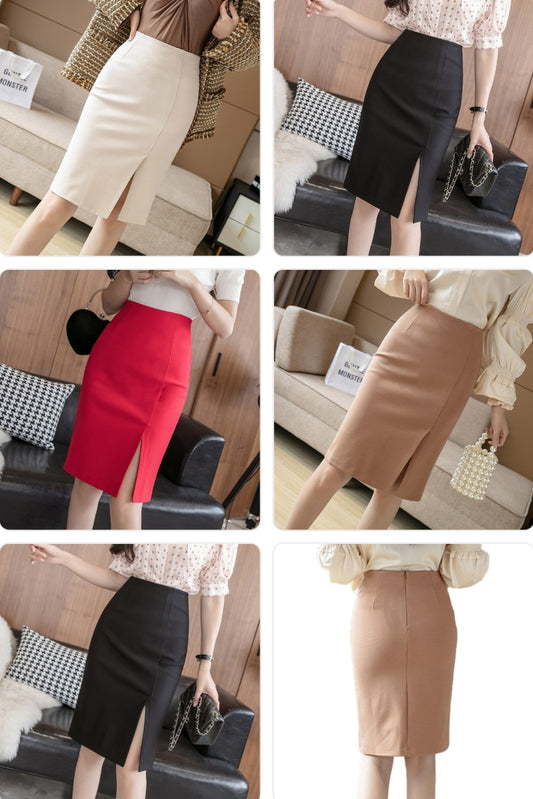 Solid Color Skinny High Slit Knee-Length Office Skirts to 5X Plus Size