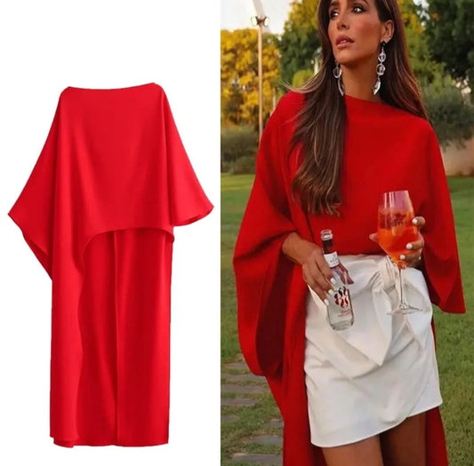 Satin Asymmetrical Round Neck Batwing Sleeve Cape Maxi Shirt