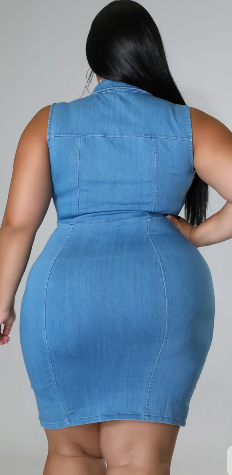 Denim Blue Solid Sleeveless Zipper Front Turn-Down Collar Bodycon Plus Size Jean Dress to 5X