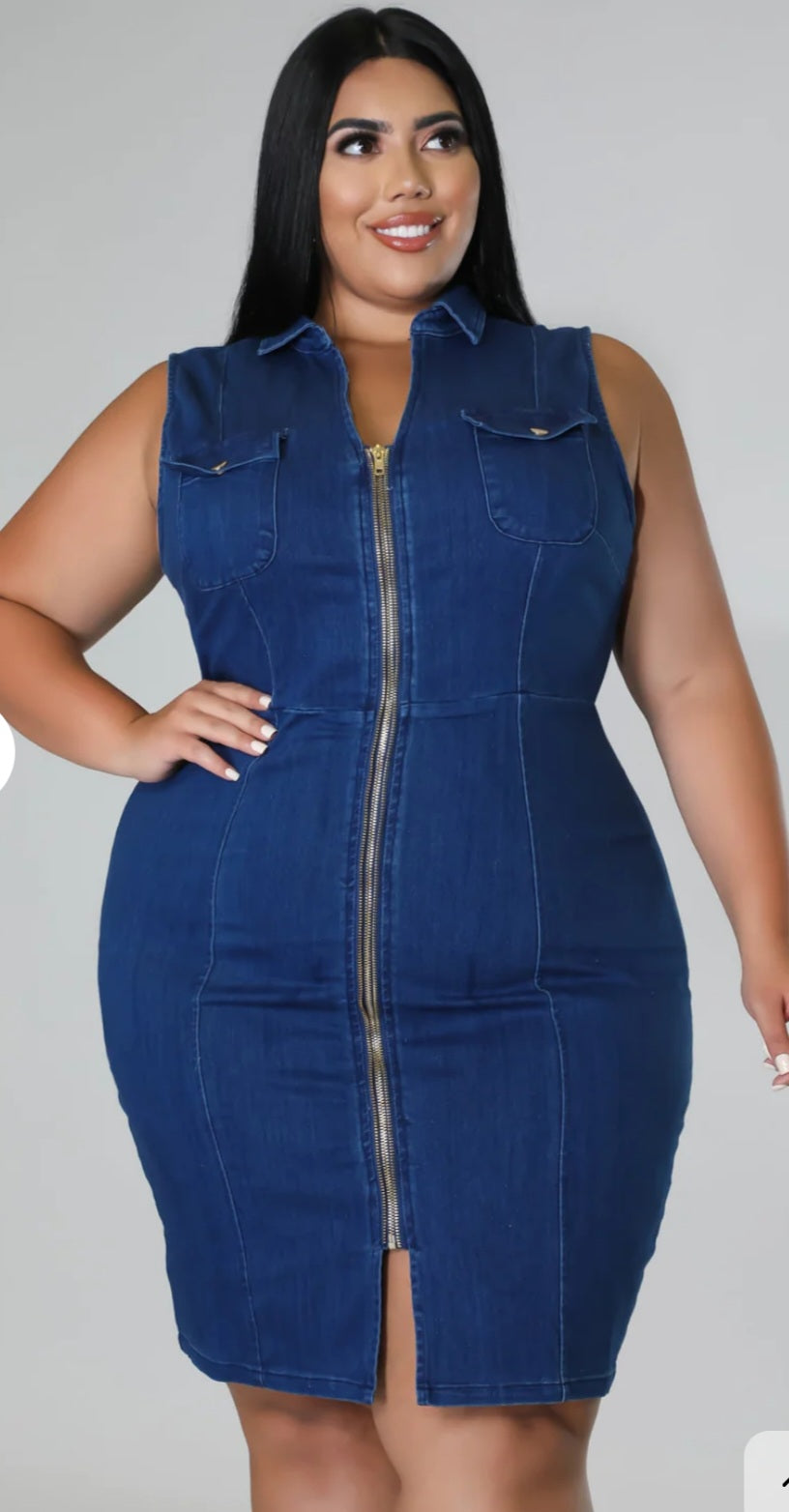 Denim Blue Solid Sleeveless Zipper Front Turn-Down Collar Bodycon Plus Size Jean Dress to 5X