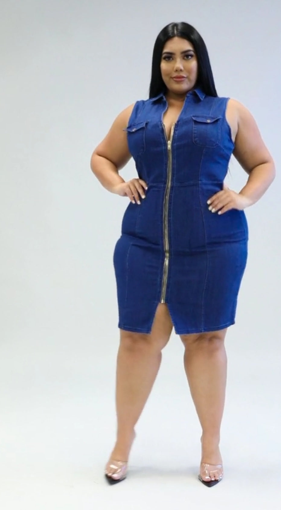 Denim Blue Solid Sleeveless Zipper Front Turn-Down Collar Bodycon Plus Size Jean Dress to 5X