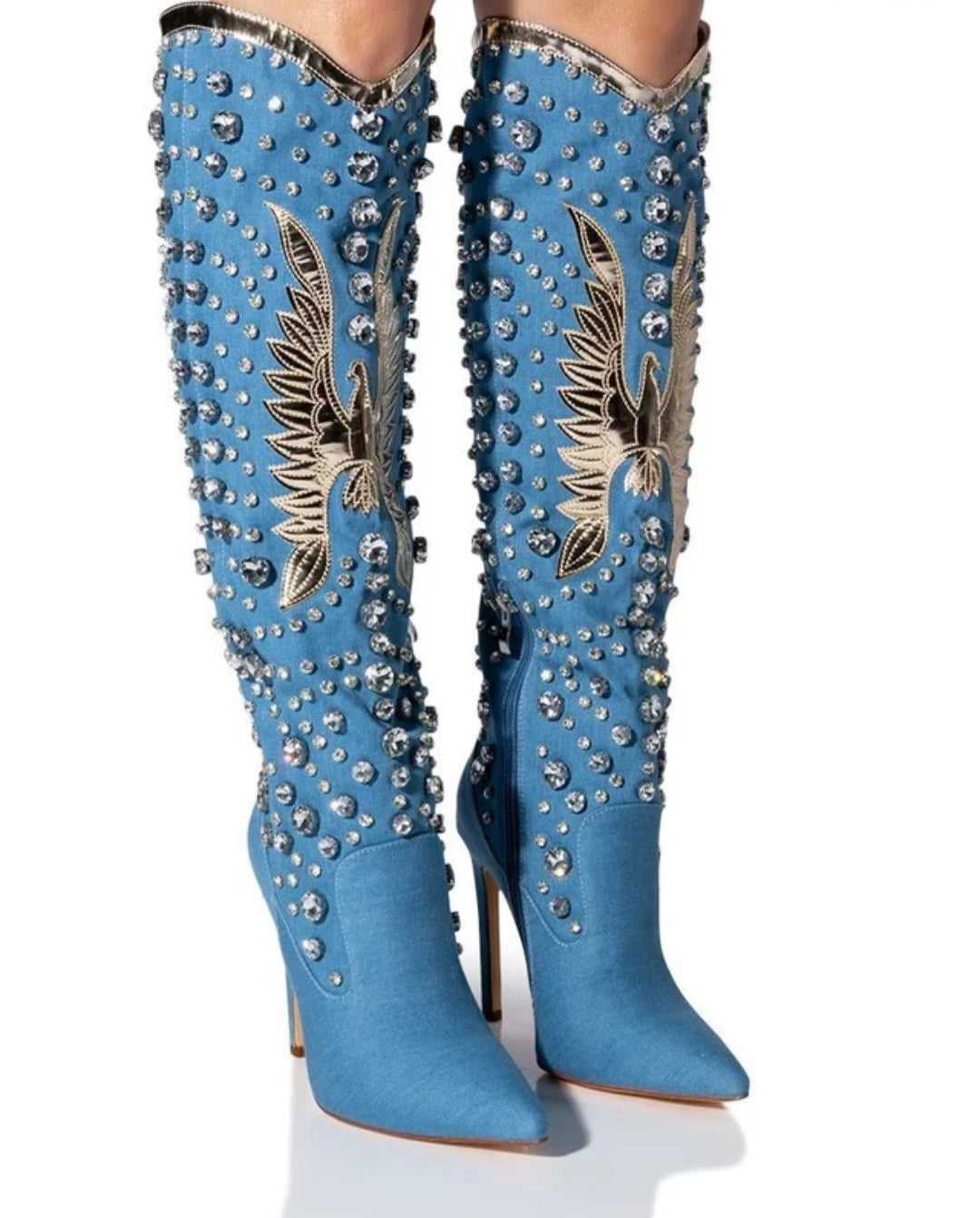 Rhinestone Embellished Pointed Toe Stiletto Glitter Crystal Western Cowgirl Knee-High Boots