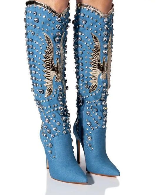 Baby Blue Rhinestone Embellished Pointed Toe Stiletto Glitter Crystal Western Cowgirl Knee-High Boots