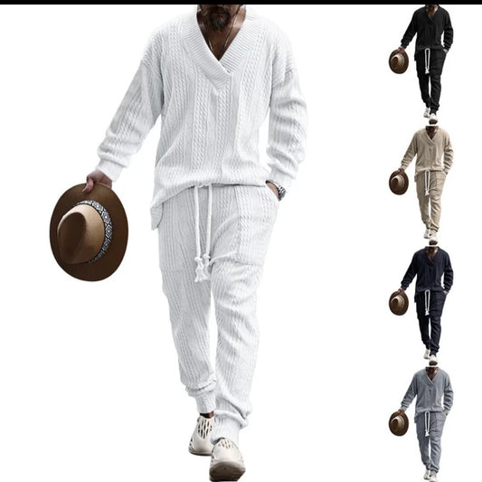 Men's Solid Knitted Long Sleeve V-Neck Shirt + Drawstring Pants 2-Piece Set