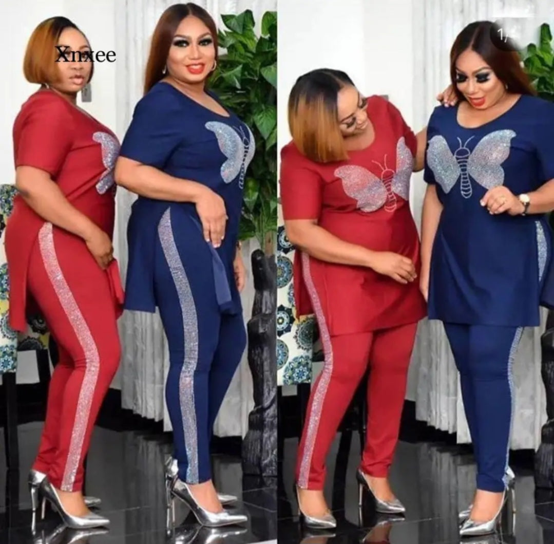 Velvet Metallic Butterfly Embroidered Short Sleeve Top & Side Striped Skinny Pants 2-Piece Set to 3X Plus Size