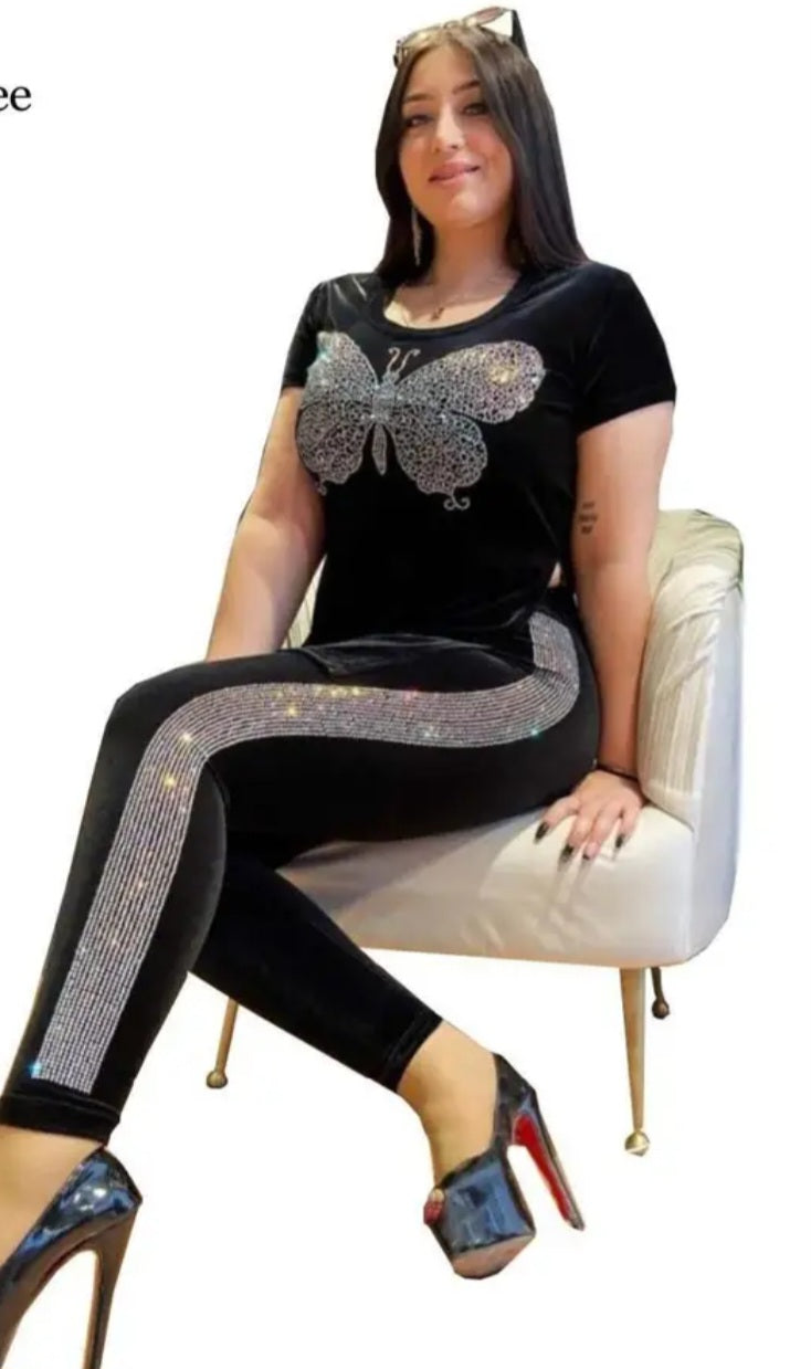 Velvet Metallic Butterfly Embroidered Short Sleeve Top & Side Striped Skinny Pants 2-Piece Set to 3X Plus Size