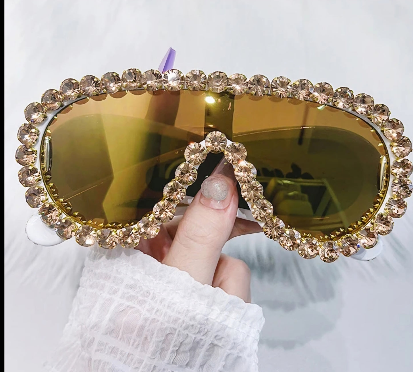 Embellished Oversized Punk Rhinestone Crystal Baguette Steampunk UV400 Women's Round Bottom Shield Sunglasses