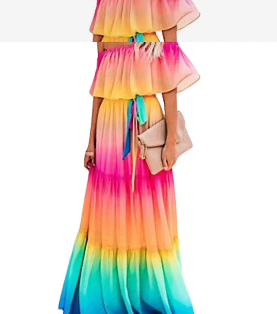 Chiffon Tiered Rainbow Gradient Colorblock Off-the-Shoulder Ombre Ruffled Maxi Dress