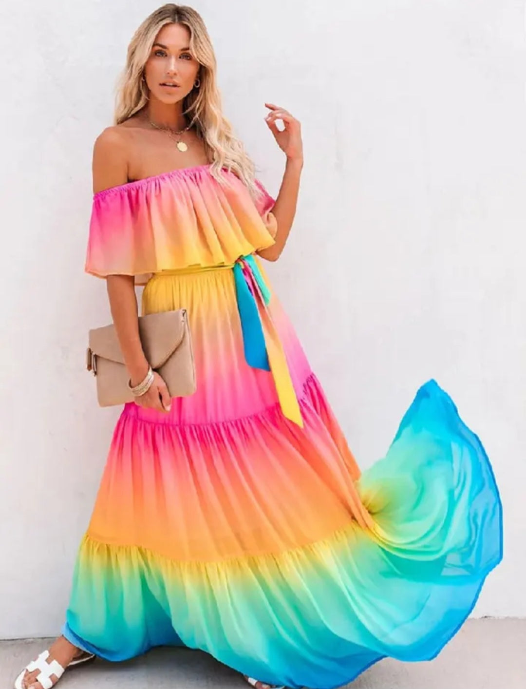 Chiffon Tiered Rainbow Gradient Colorblock Off-the-Shoulder Ombre Ruffled Maxi Dress