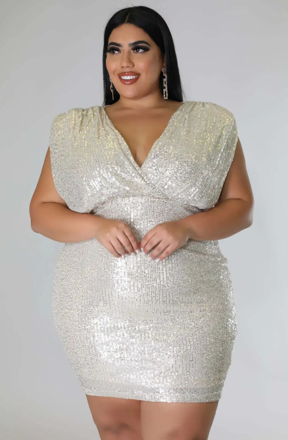 Sequin Sleeveless Deep V-Neck Hollow-Out Formal Mini Dress to 5X Plus Size