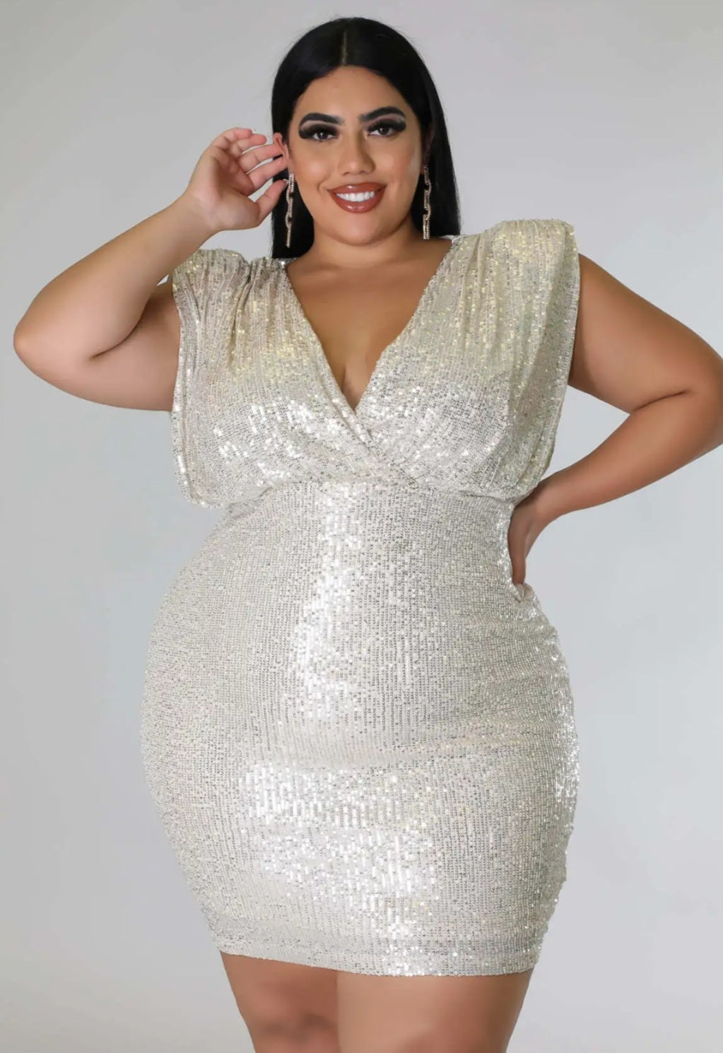 Sequin Sleeveless Deep V-Neck Hollow-Out Formal Mini Dress to 5X Plus Size