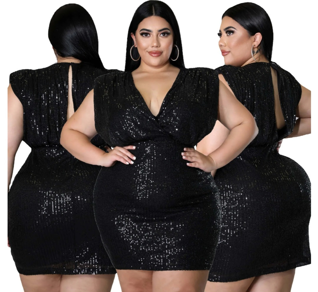 Sequin Sleeveless Deep V-Neck Hollow-Out Formal Mini Dress to 5X Plus Size