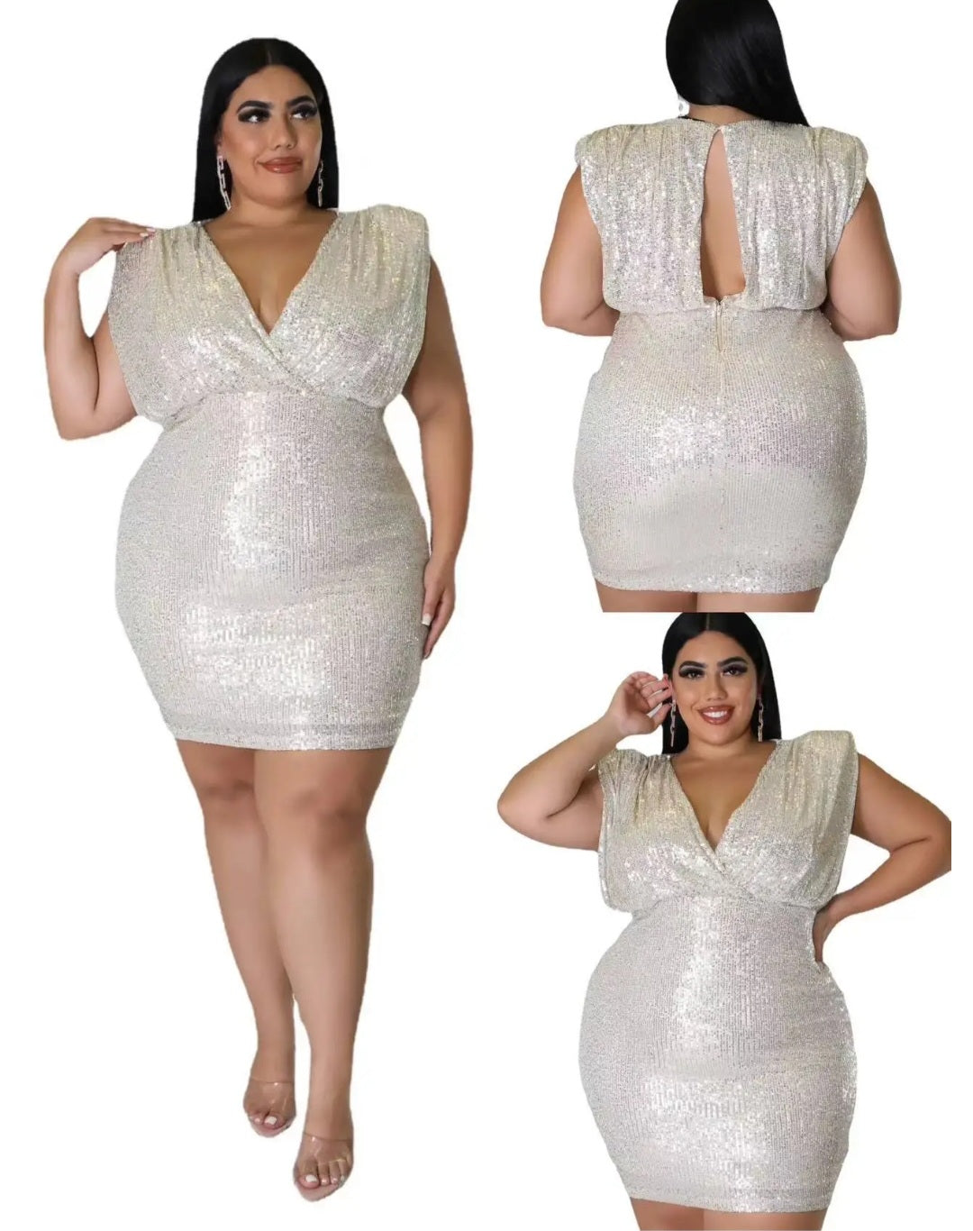 Sequin Sleeveless Deep V-Neck Hollow-Out Formal Mini Dress to 5X Plus Size