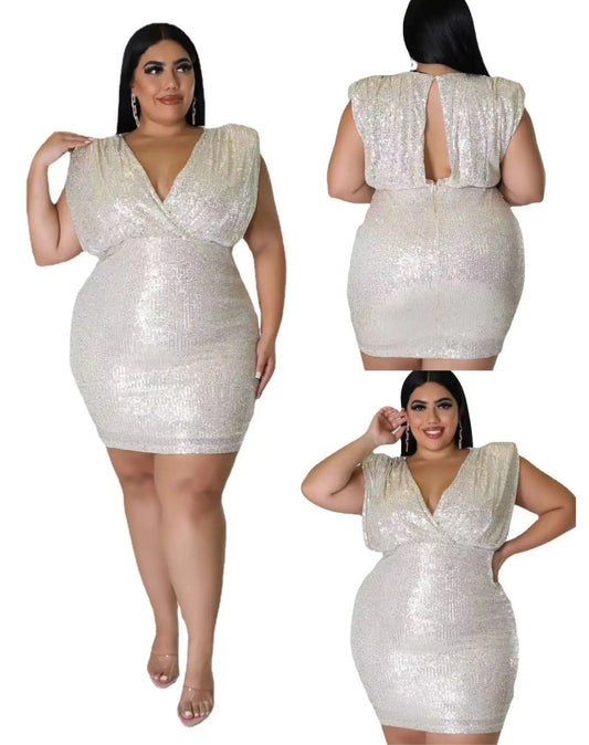 Sequin Solid Color Sleeveless Deep V-Neck Hollow-Out Formal Mini Dress to 5X Plus Size