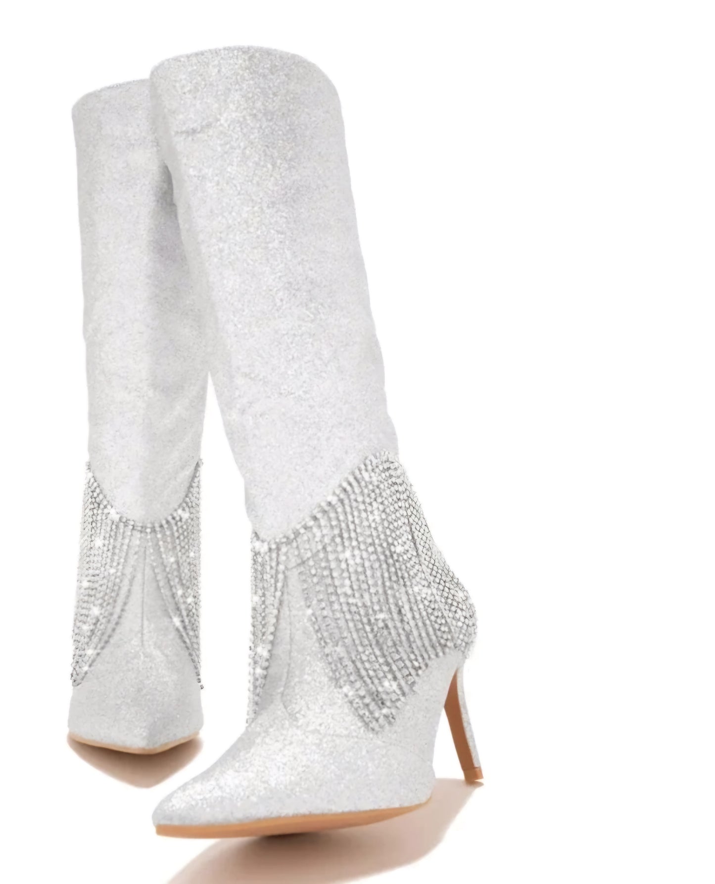 Embellished Denim Fringe Tassel Glitter Design Pointed Toe Crystal Midi Boots