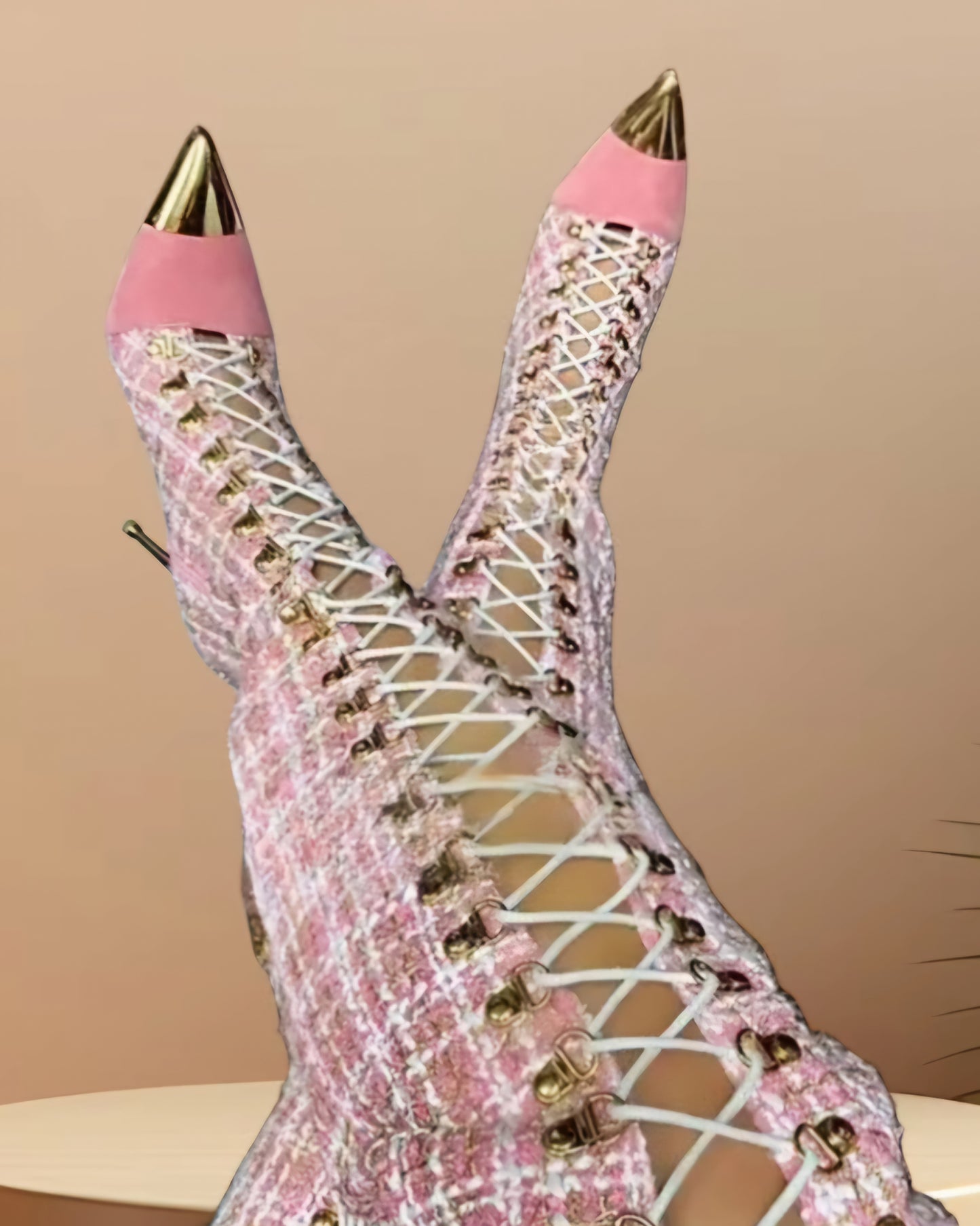 Plaid Pink Lace-Up Hollow-Out Pointed Gold Metal Toe Cross-Tied Stiletto Heel Knee-High Boots