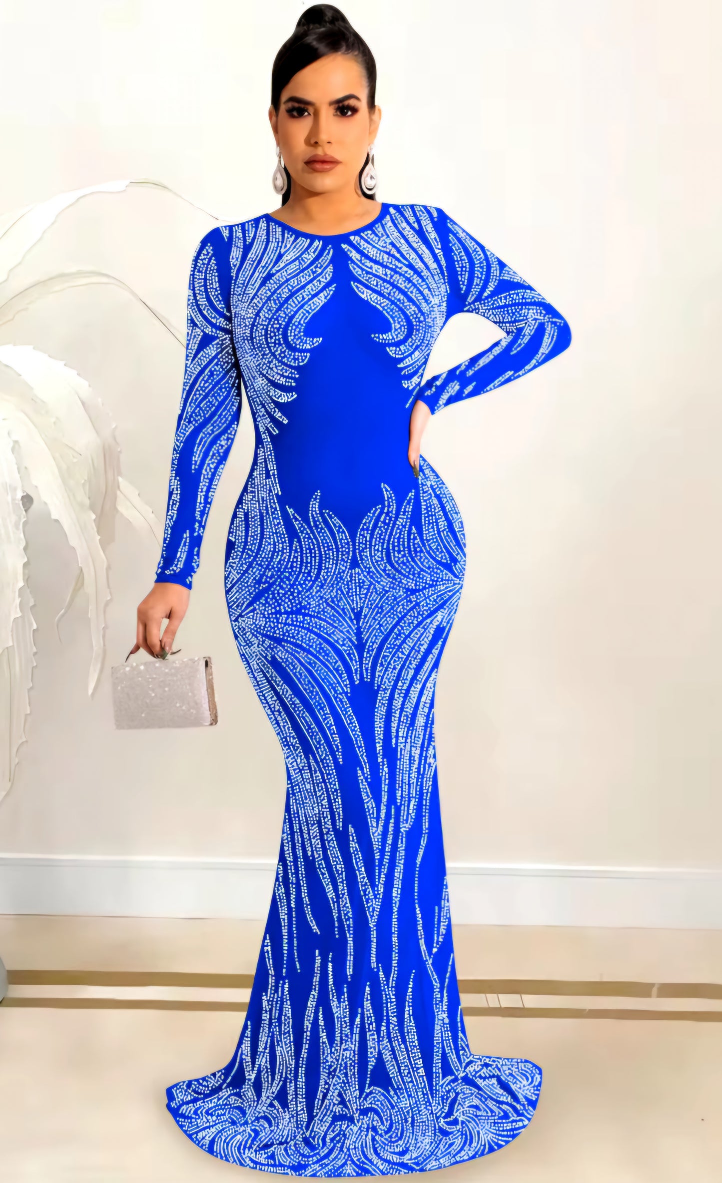 Metallic Crystal Rhinestone Embellished Sheer Mesh Transparent Long Sleeve Floor-Length Evening Gown Party/Prom Dress