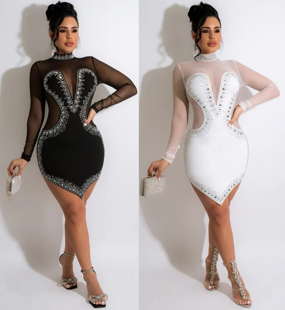 Rhinestone Crystal Sequin Transparent Sheer Mesh Mini Party/Club Formal Dress