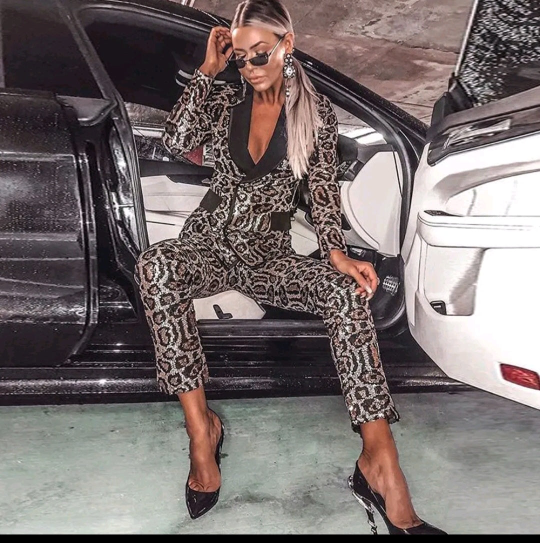 Sequin Leopard Print Women's Blazer Jacket + Pants Tailored Formal Suit