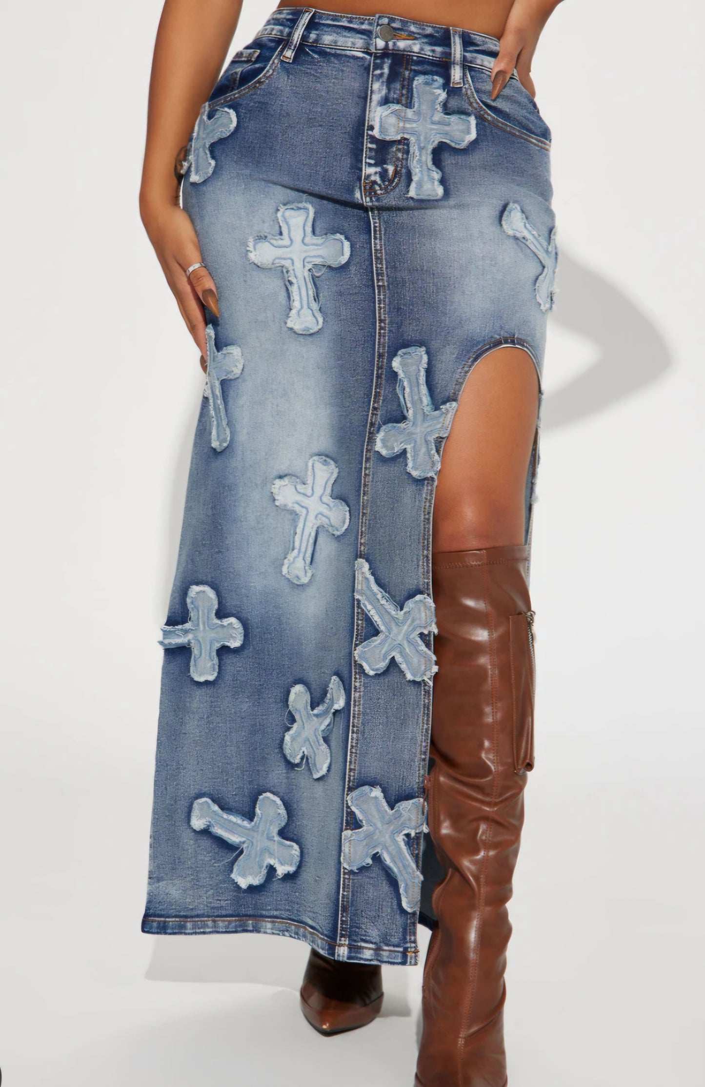 Denim Washed Cross Embroidered O-Neck Zipper Jean Jacket + High Slit Maxi Skirt 2-Piece Set