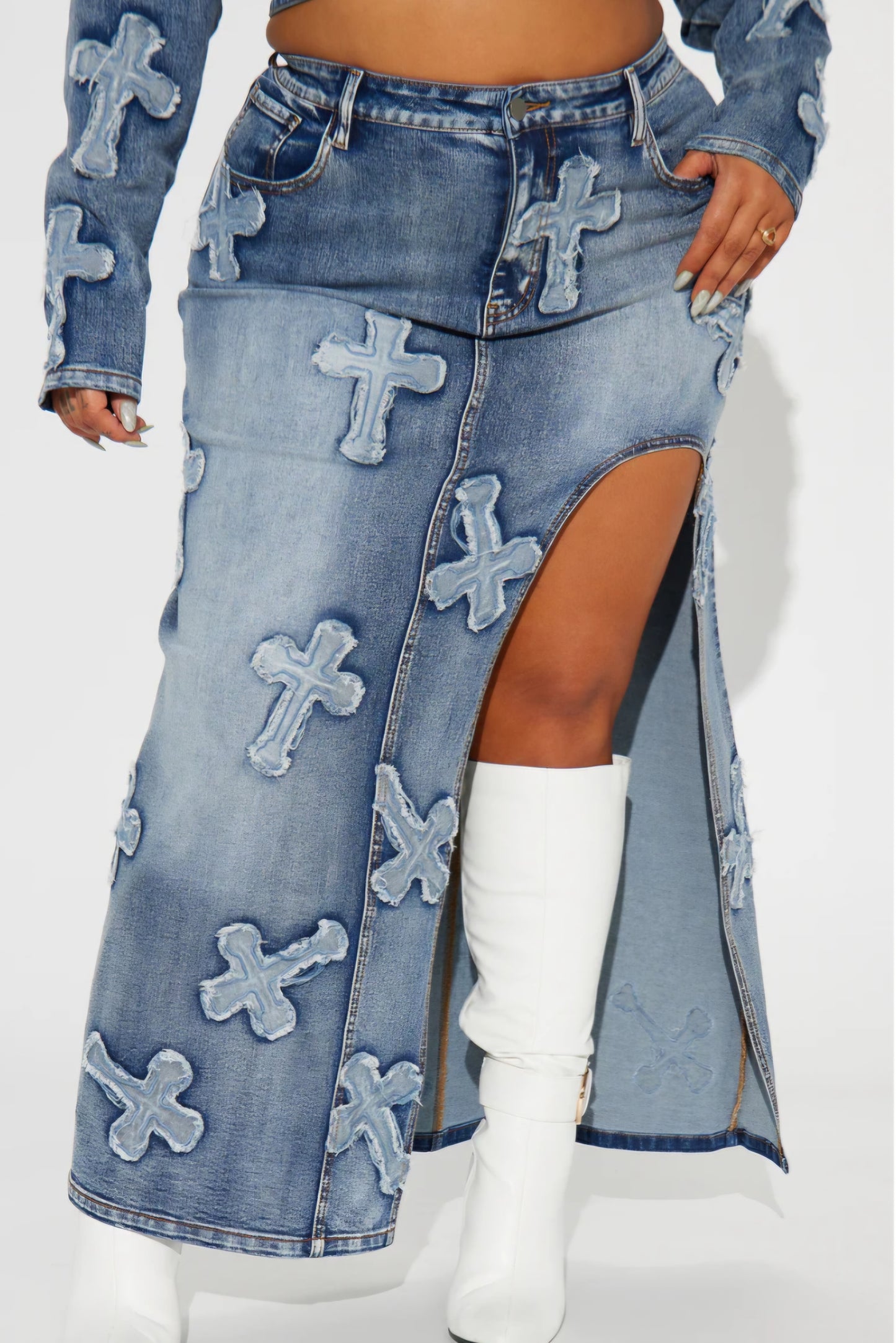 Denim Washed Cross Embroidered O-Neck Zipper Jean Jacket + High Slit Maxi Skirt 2-Piece Set