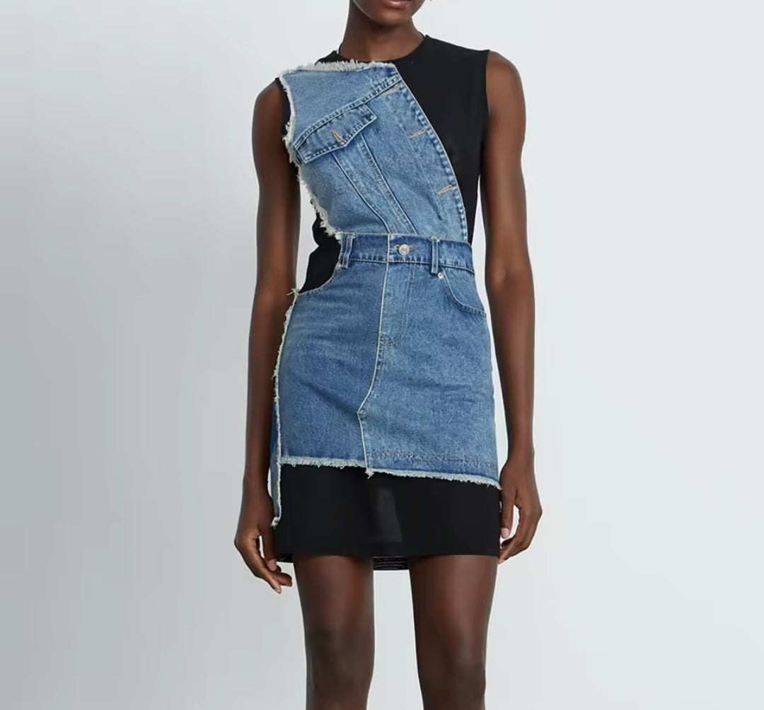 Sheer Transparent Irregular Colorblock Patchwork Denim Design Round Neck Sleeveless Spliced Cargo Pocketed Skinny Jean Dress