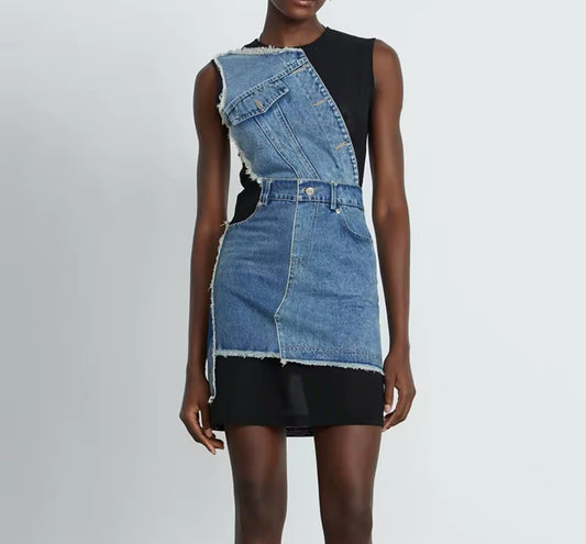 Sheer Transparent Irregular Colorblock Patchwork Denim Design Round Neck Sleeveless Spliced Cargo Pocketed Skinny Jean Dress