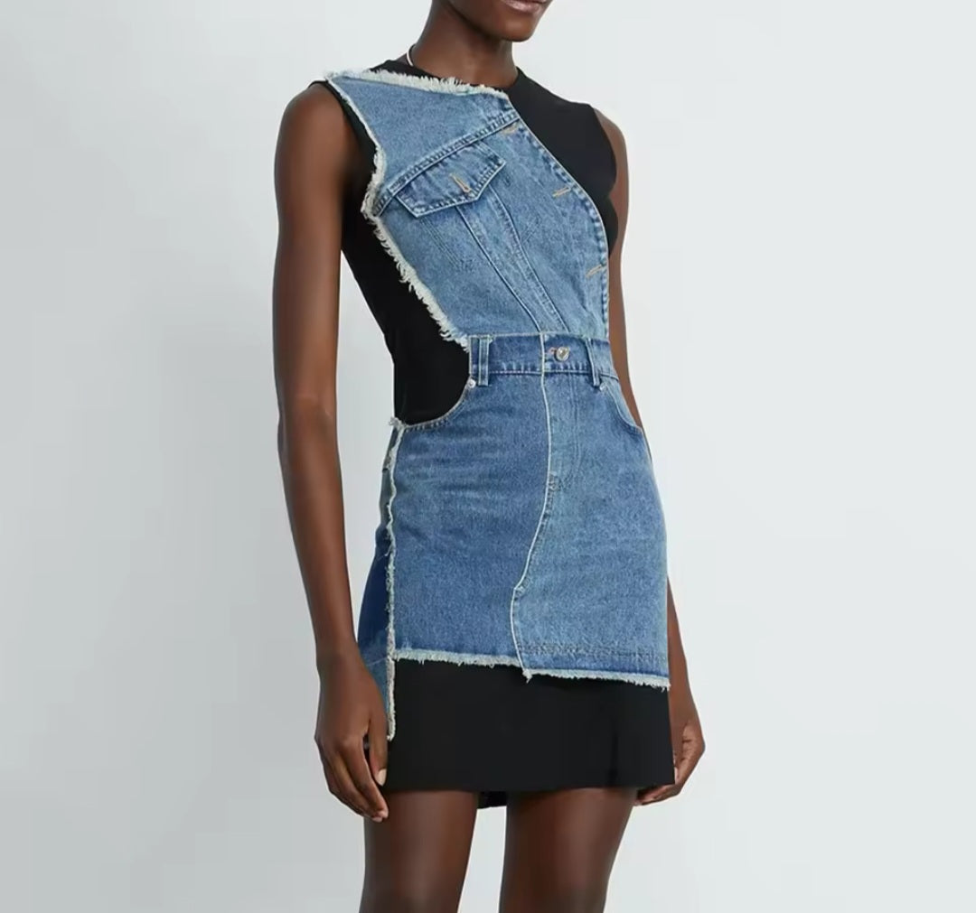 Sheer Transparent Irregular Colorblock Patchwork Denim Design Round Neck Sleeveless Spliced Cargo Pocketed Skinny Jean Dress