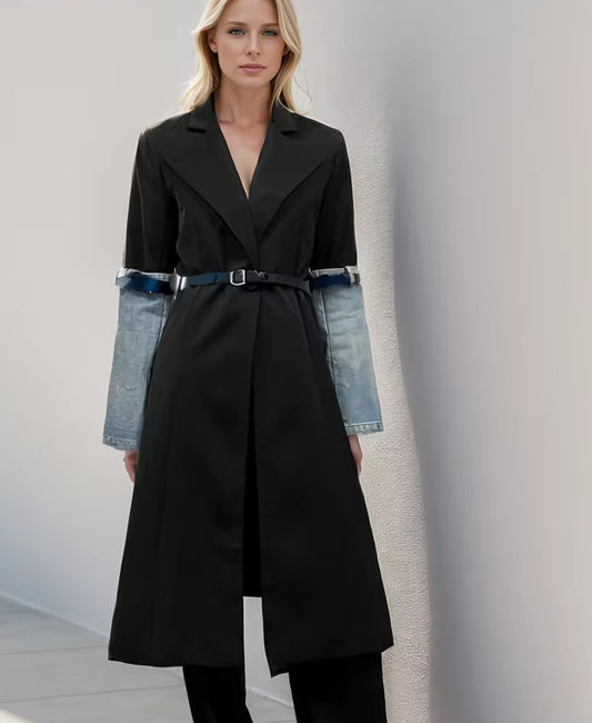 Colorblock Patchwork Denim Notched Turn-Down Collar Long Sleeve Spliced Button Women's Trenchcoat