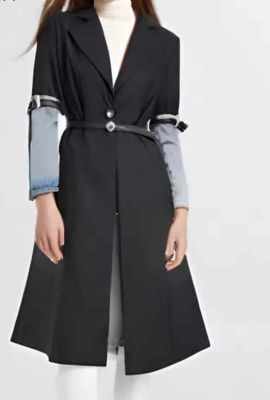 Colorblock Patchwork Denim Notched Turn-Down Collar Long Sleeve Spliced Button Women's Trenchcoat