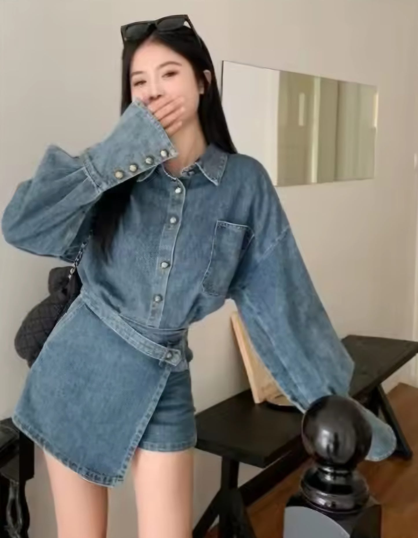 Blue Faded Aesthetic Denim Long Flared Sleeve Button-Up Jean Jacket + Mini Pleated Jean Skirt 2-Piece Set