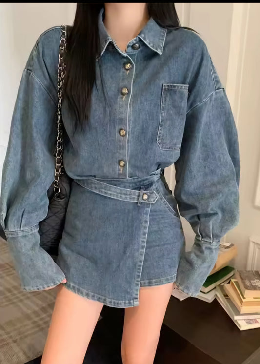 Blue Faded Aesthetic Denim Long Flared Sleeve Button-Up Jean Jacket + Mini Pleated Jean Skirt 2-Piece Set