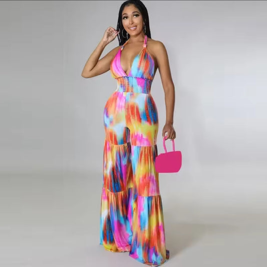 Tie-Dye Colorblock Rainbow Pastel Halter Backless V-Neck Loose Flared Leg Jumpsuit