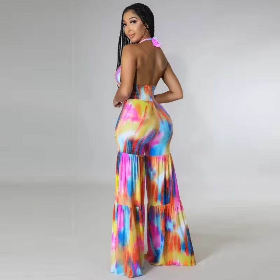 Tie-Dye Colorblock Rainbow Pastel Halter Backless V-Neck Loose Flared Leg Jumpsuit