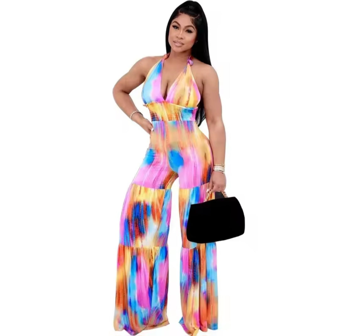 Tie-Dye Colorblock Rainbow Pastel Halter Backless V-Neck Loose Flared Leg Jumpsuit