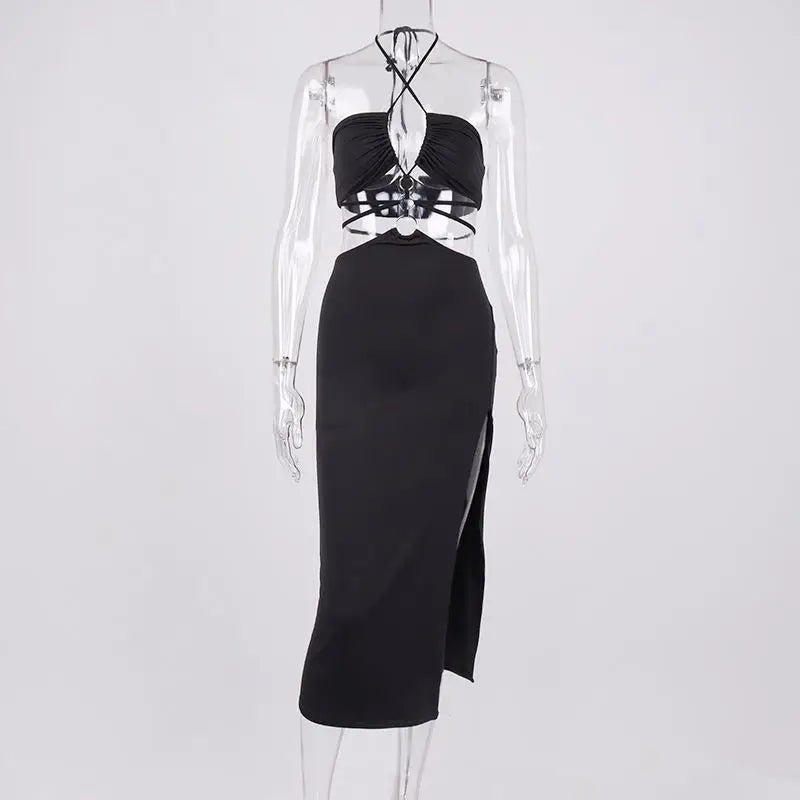 Metal Ring Decor Sleeveless Solid Color Hollow-Out High Slit Lace-Up Maxi Dress