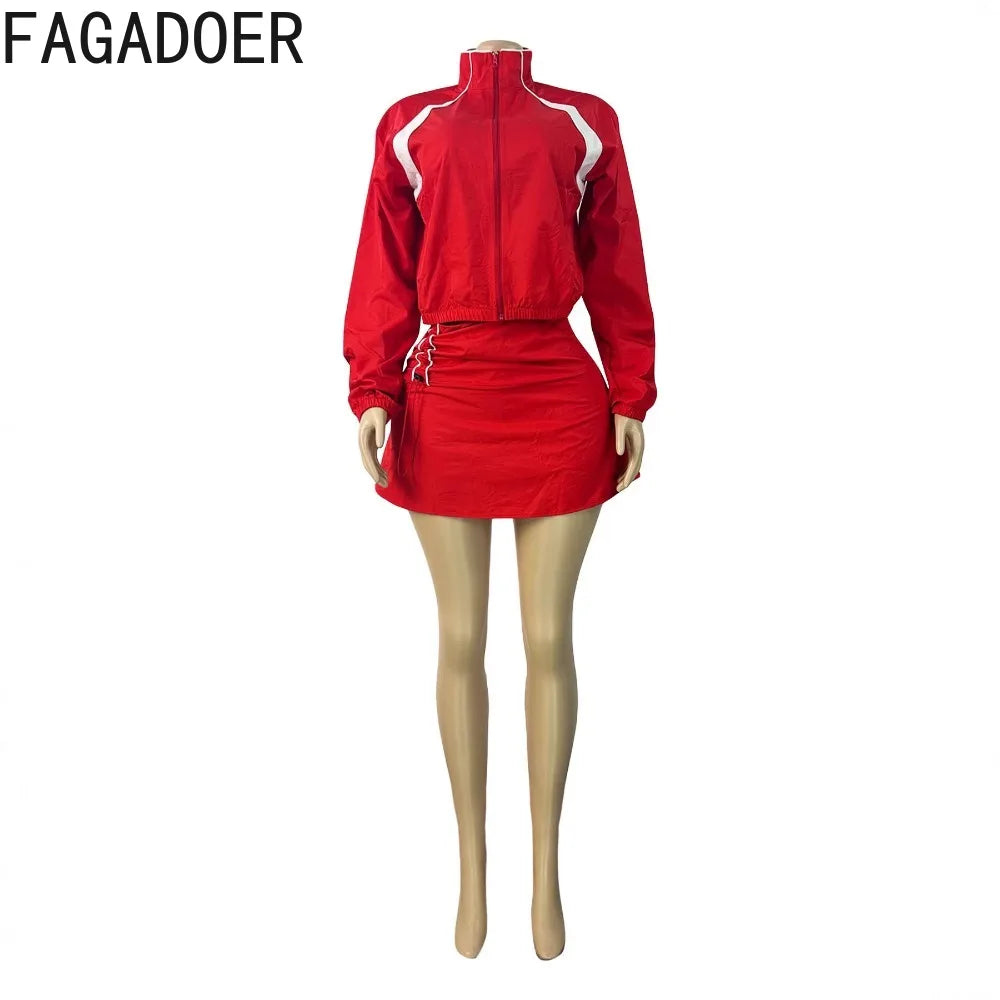 Striped Stand Collar Women's Zipper Fitness Jacket+ Drawstring Ruched Mini Tennis Skirt Solid Color 2-Piece Set