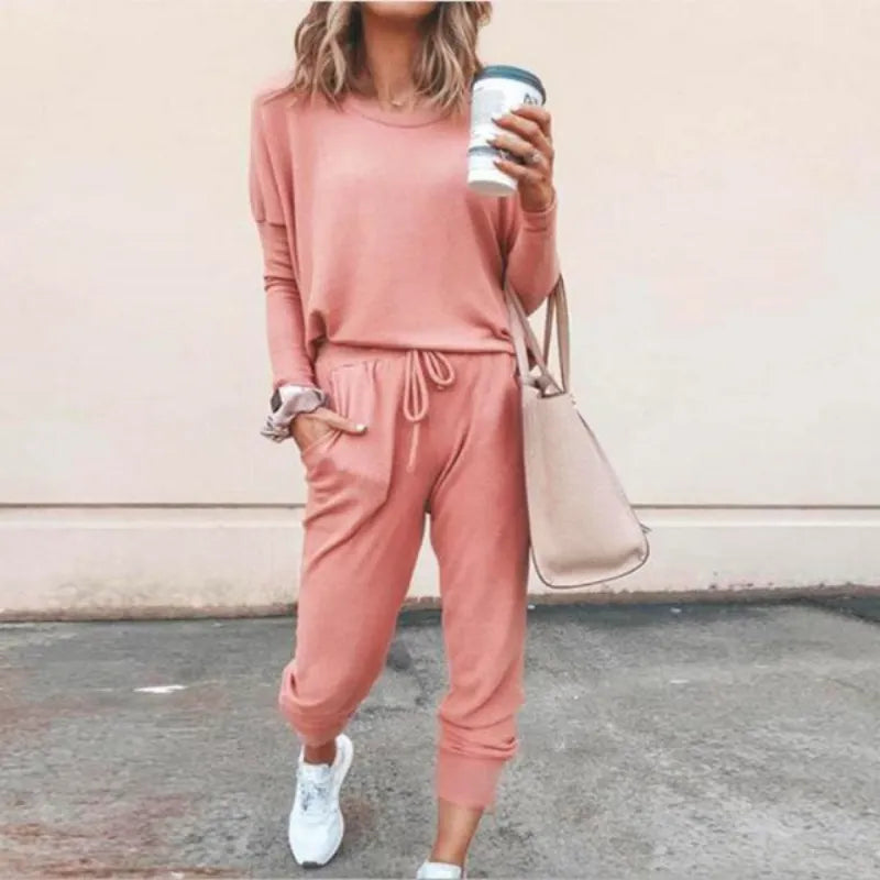 O-Neck Loose Fit Solid Color Long Sleeve Tops + Pants 2-Piece Set