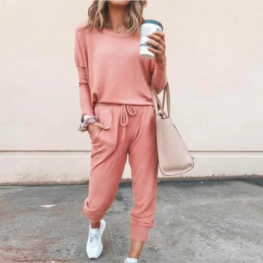 O-Neck Loose Fit Solid Color Long Sleeve Tops + Pants 2-Piece Set