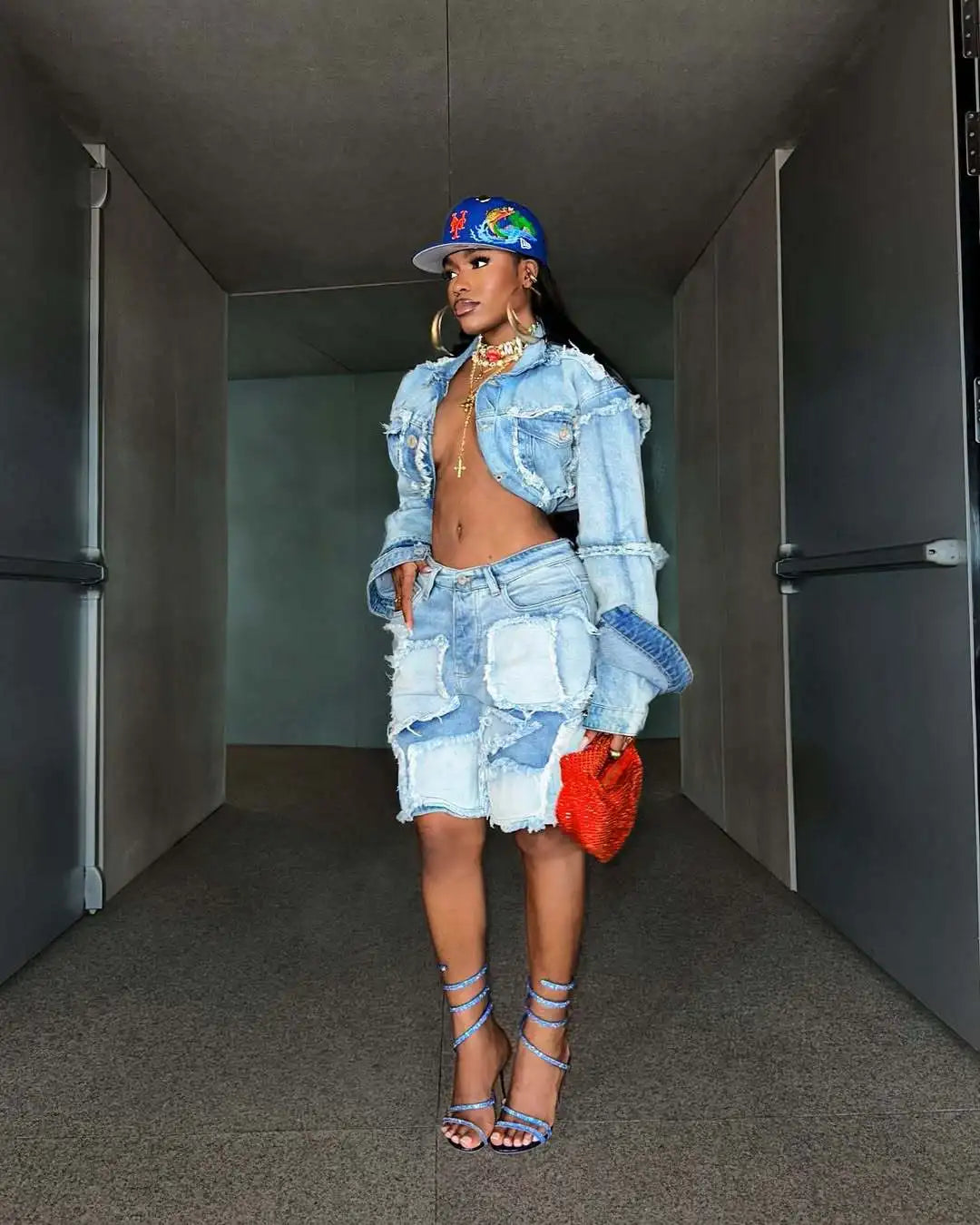 Denim Turn-Down Collar Cropped Jean Jacket + Ripped Colorblock Knee Length Shorts Women's 2-Piece Set