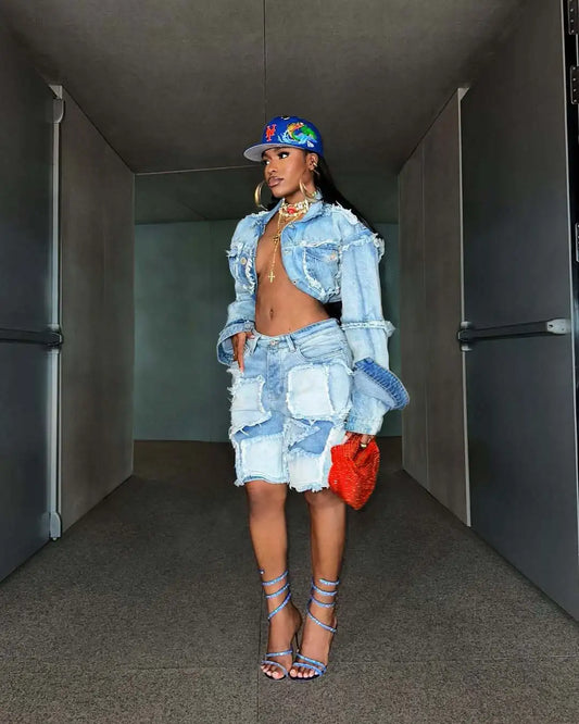 Denim Turn-Down Collar Cropped Jean Jacket + Ripped Colorblock Knee Length Shorts Women's 2-Piece Set