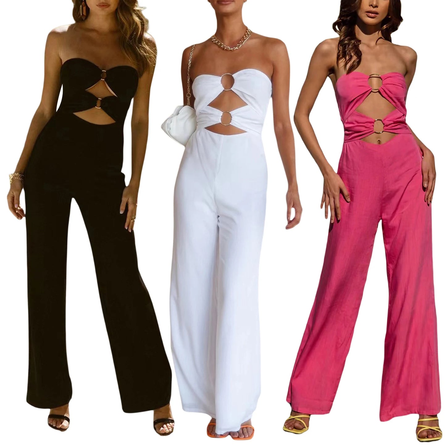 Sleeveless Strapless Solid Color Backless Metal Ring Linked Wide Leg Tube Jumpsuit