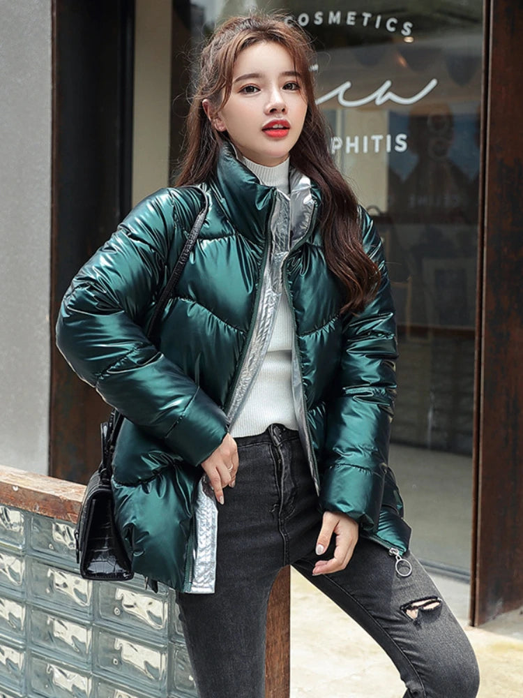 Metallic Padded Thick Stand Collar Oversized Cotton Ladies Coat