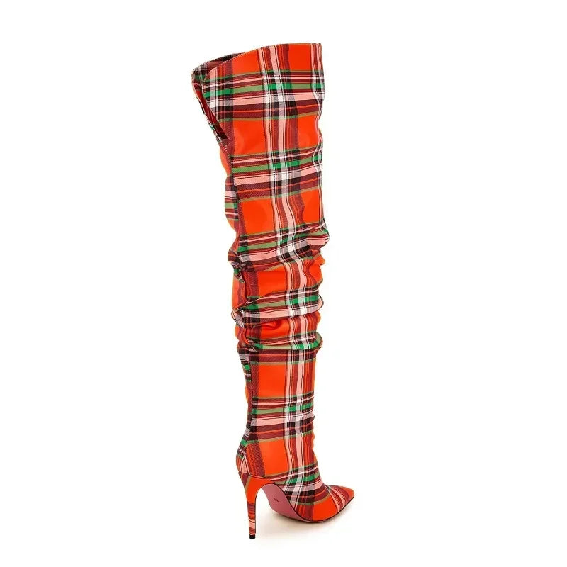 Plaid Pleated Red/Green Checker Block Print Fabric Knee-High Women's Sleeve Boots