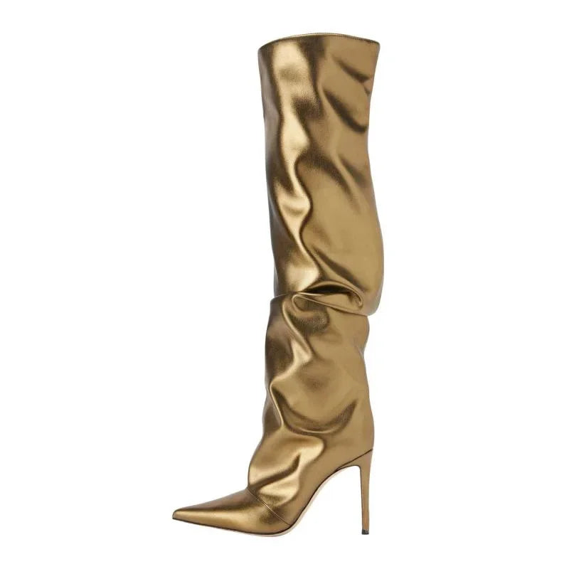 Pleated Ruched Metallic Solid Color Pointed Toe Knee-High Stiletto Heel Women's Boots